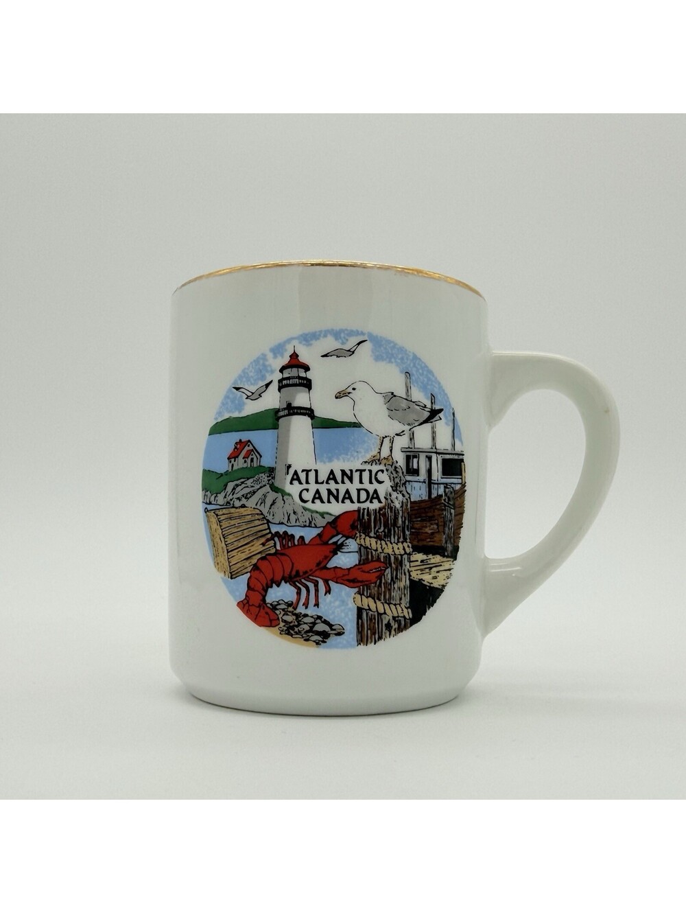 Atlantic Canada Coffee Mug 22K Gold Rim Lobster Seagull White Ceramic